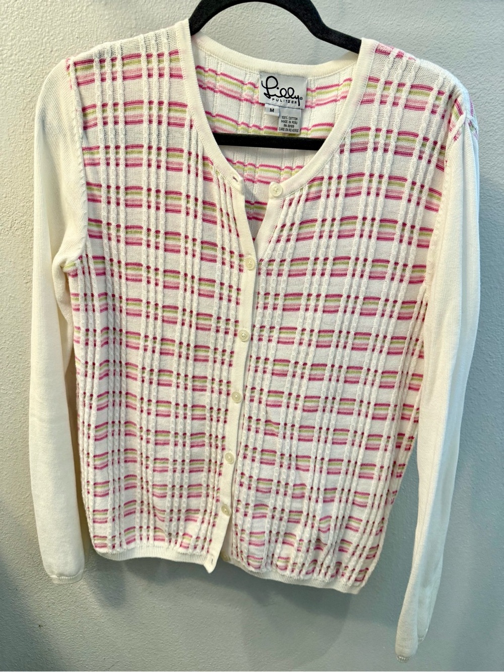 Vintage Lilly Pulitzer Offwhite Cardigan with Pink & Green Plaid
